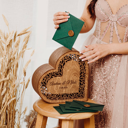 Rustic Heart Wedding Card Box: Engraved Wooden Keepsake