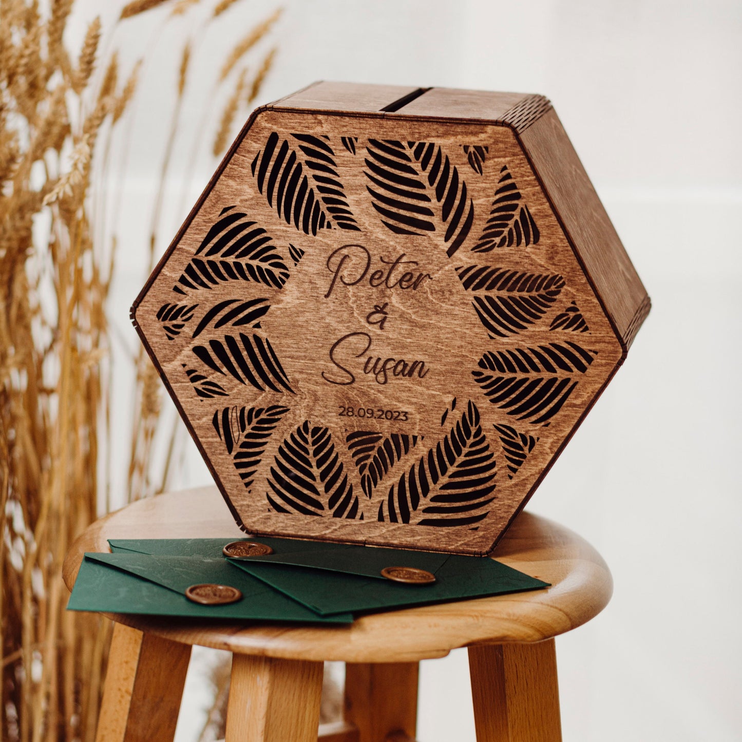 Personalized Hexagon Wedding Card Box: Engraved Wooden Advice Box for Couple