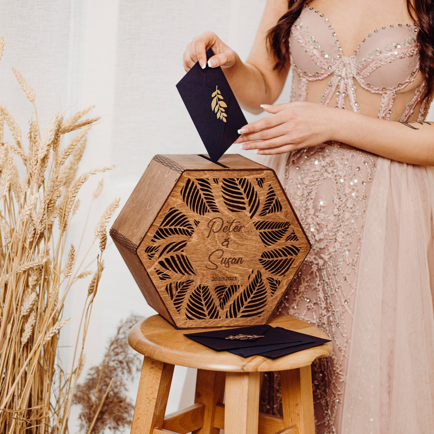Personalized Hexagon Wedding Card Box: Engraved Wooden Advice Box for Couple