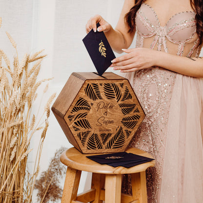 Personalized Hexagon Wedding Card Box: Engraved Wooden Advice Box for Couple