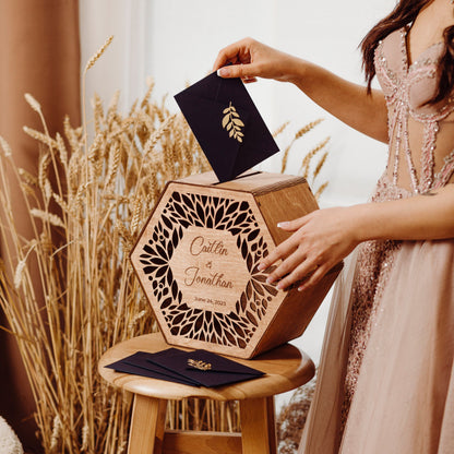 Rustic Wedding Card Box: Engraved Wooden Keepsake, Personalized Custom Engagement Gift for Couple
