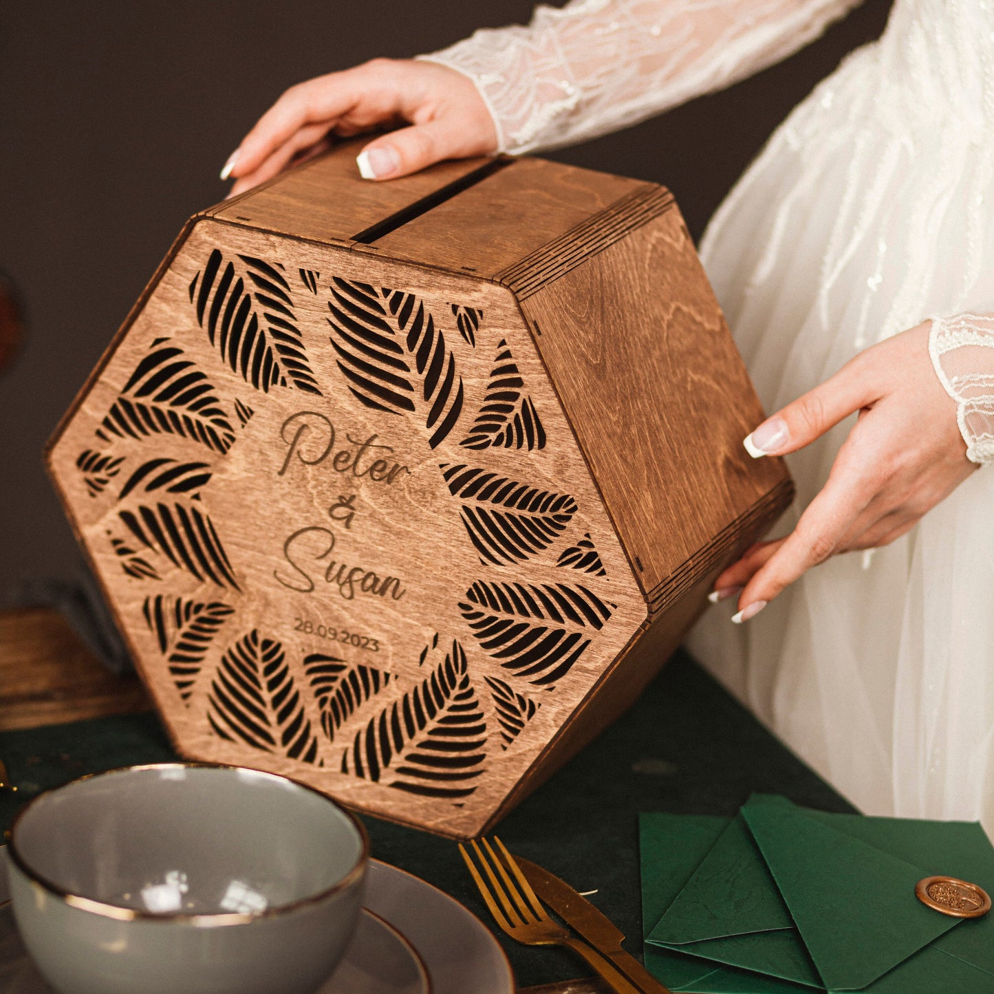 Rustic Wedding Card Box: Engraved Wooden Keepsake, Personalized Custom Engagement Gift for Couple