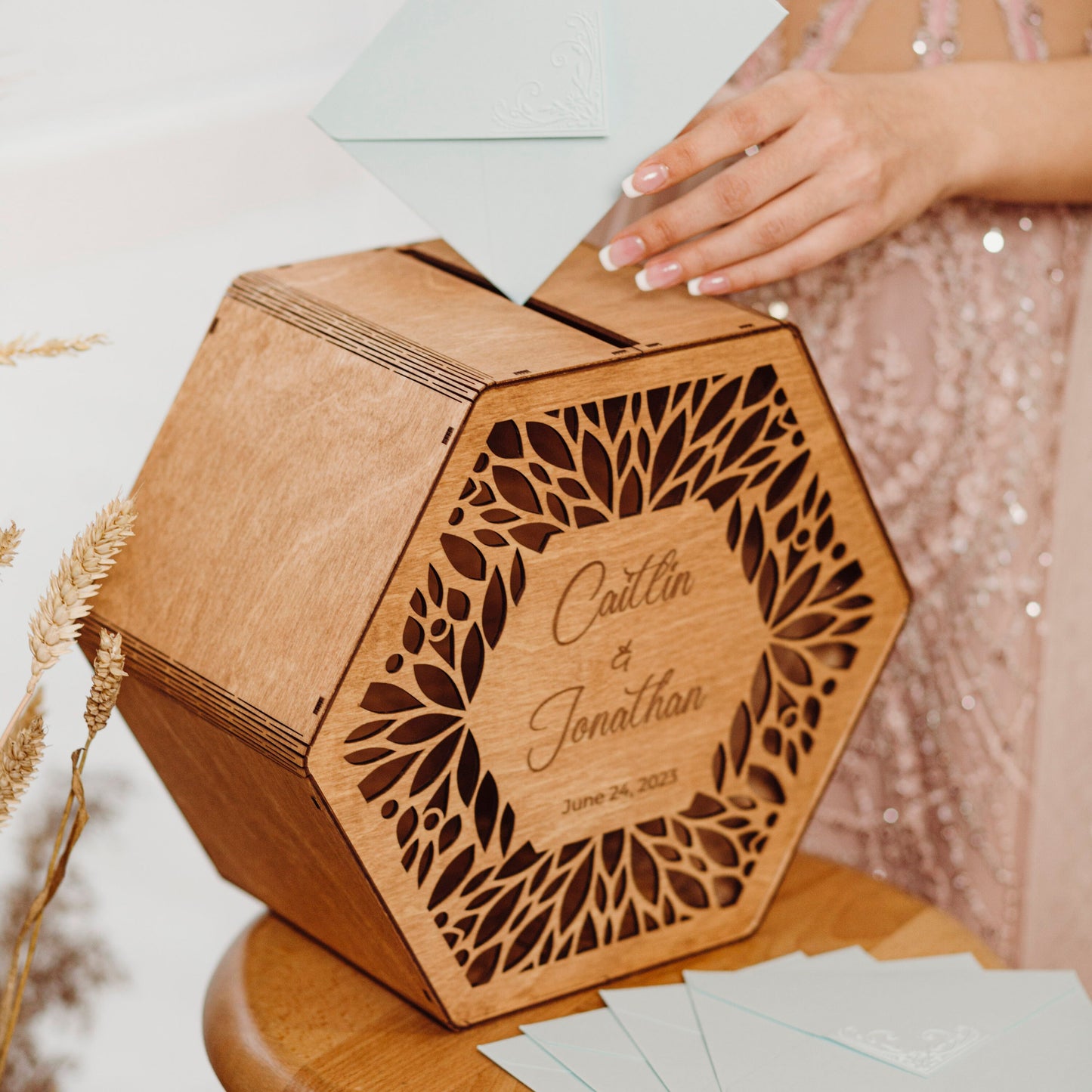 Personalized Wooden Wedding Card Box: Rustic Leaf Design