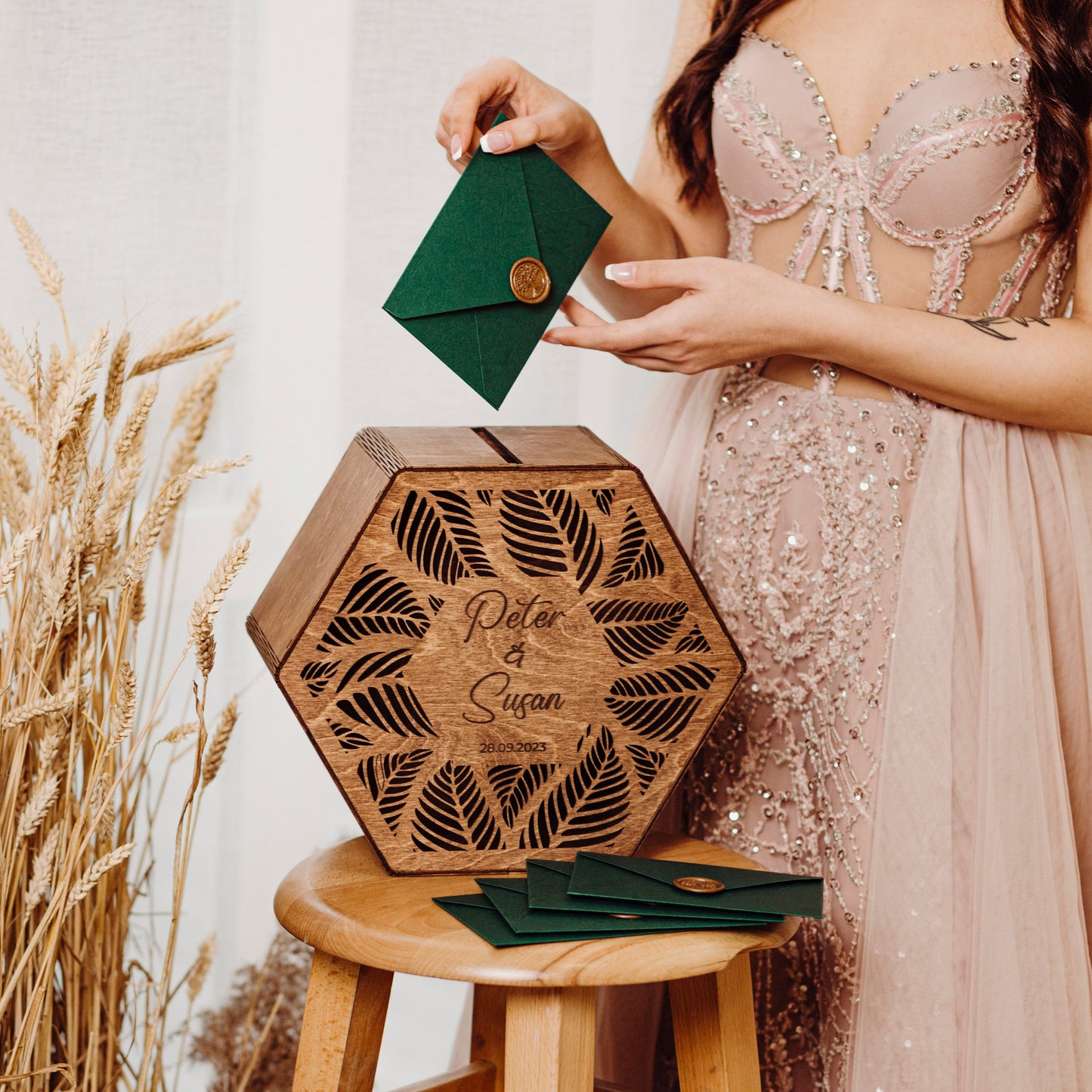 Personalized Wooden Wedding Card Box: Rustic Leaf Design