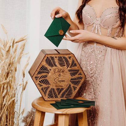Personalized Wooden Wedding Card Box: Rustic Leaf Design
