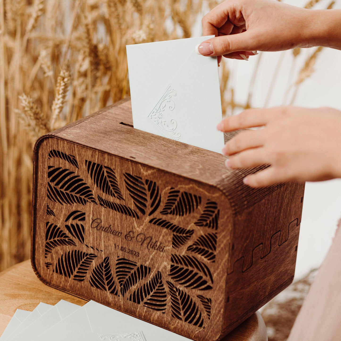 Personalized Wooden Wedding Card Box with Slot: Rustic Decor