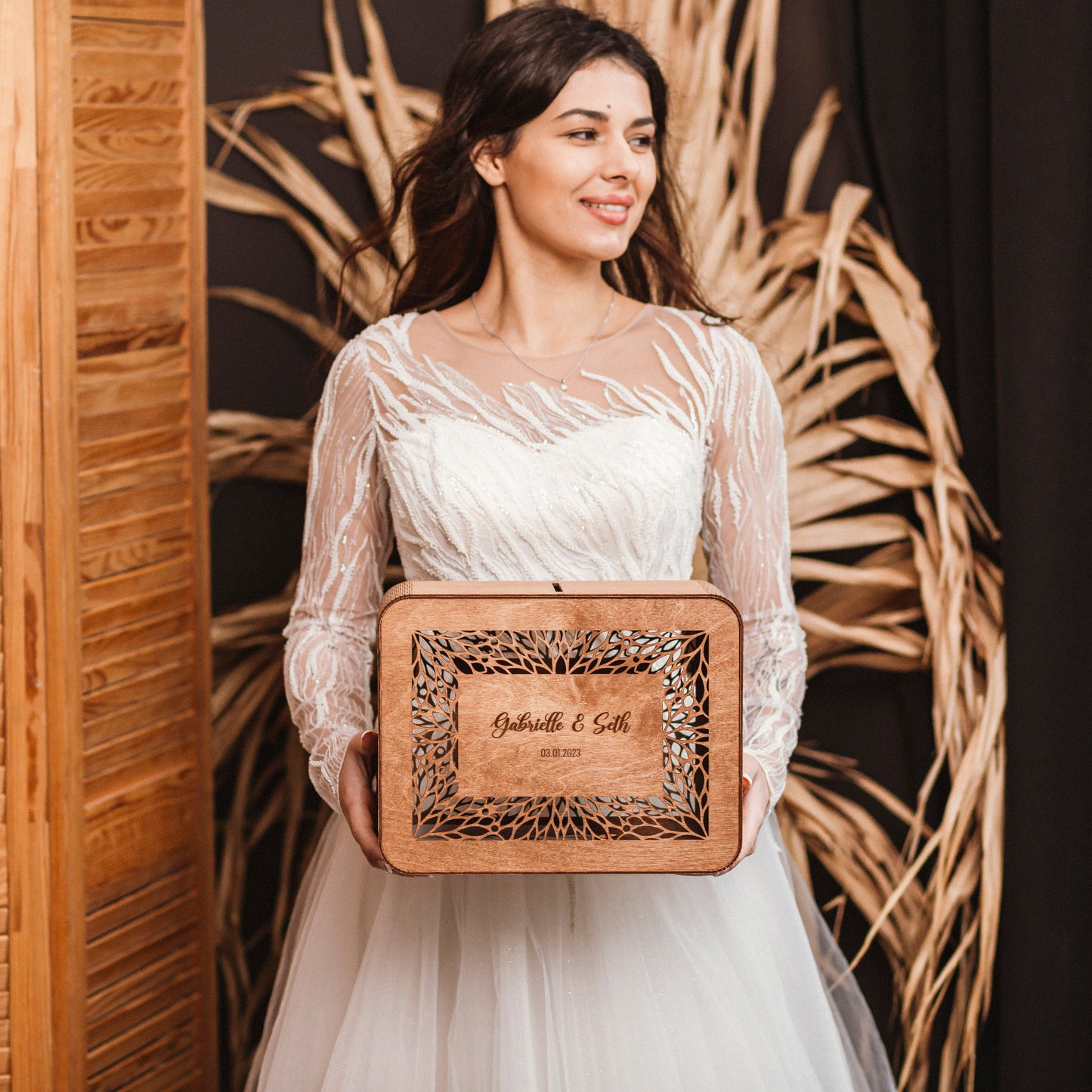 Personalized Wedding Card Box with Slot: Engraved Wood Money Box