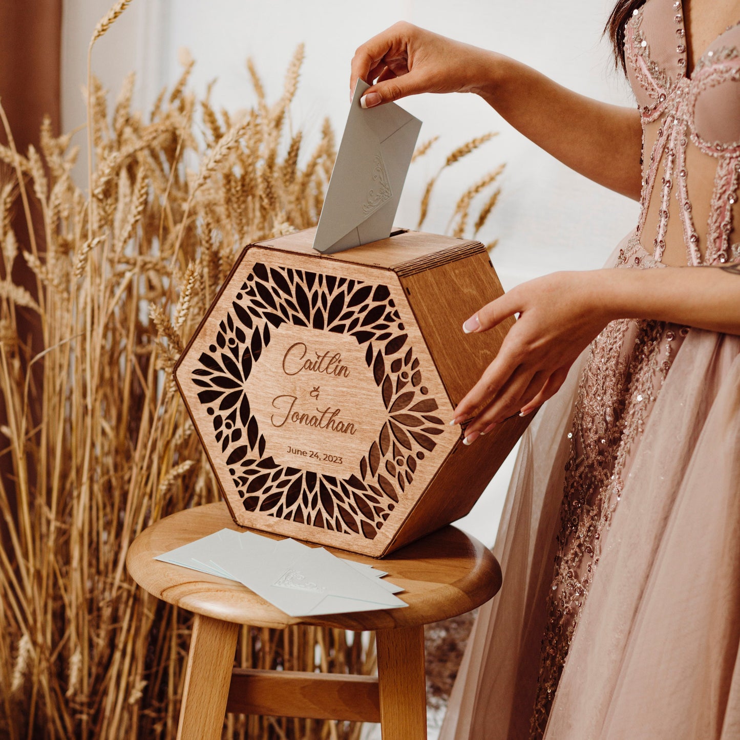 Personalized Wooden Wedding Card Box: Rustic Leaf Design