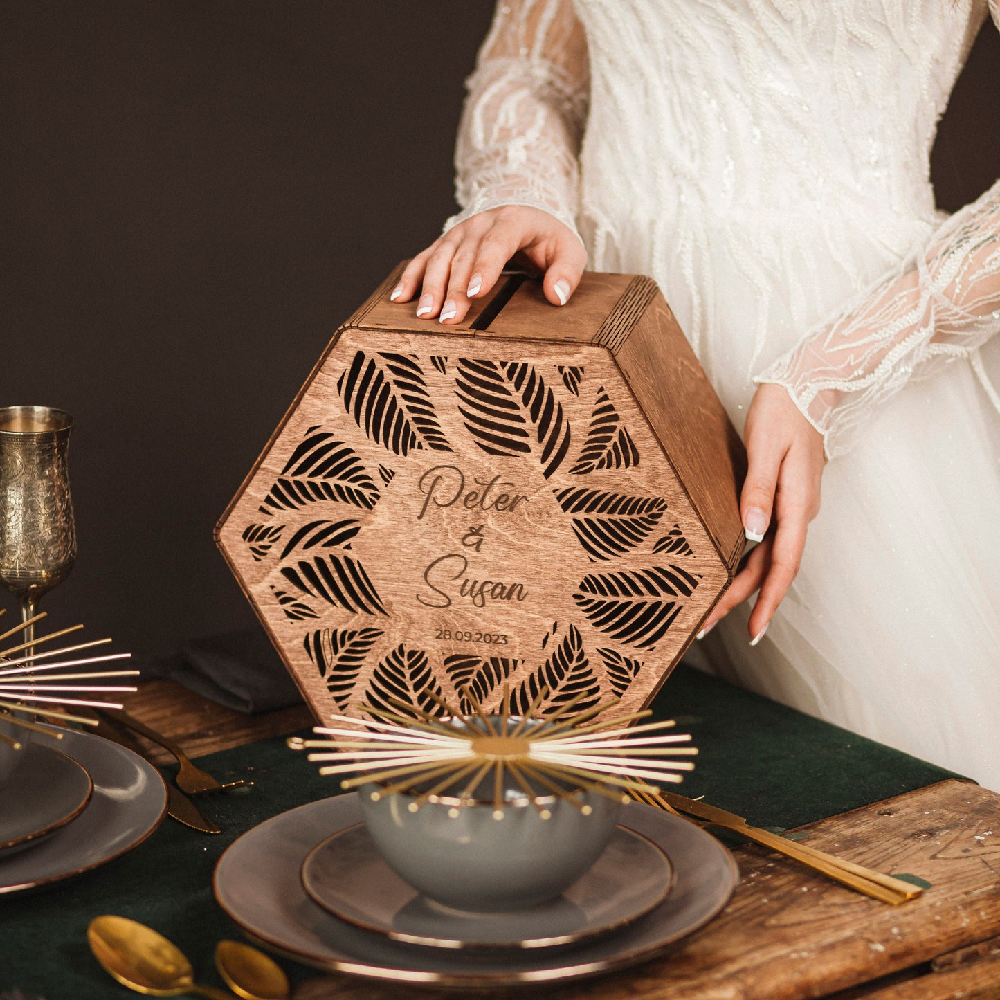 Personalized Hexagon Wedding Card Box: Engraved Wooden Advice Box for Couple