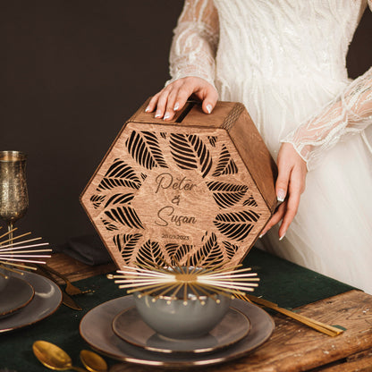 Personalized Hexagon Wedding Card Box: Engraved Wooden Advice Box for Couple