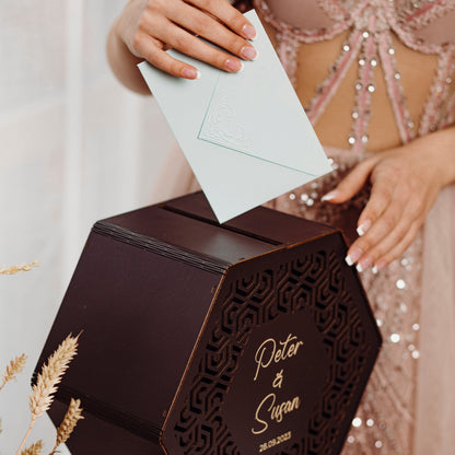 Personalized Hexagon Wedding Card Box: Engraved Wooden Advice Box for Couple