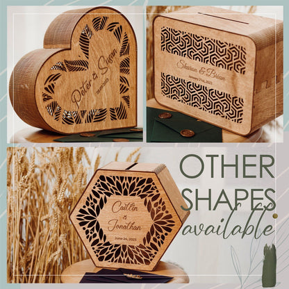 Personalized Wooden Wedding Card Box: Rustic Leaf Design