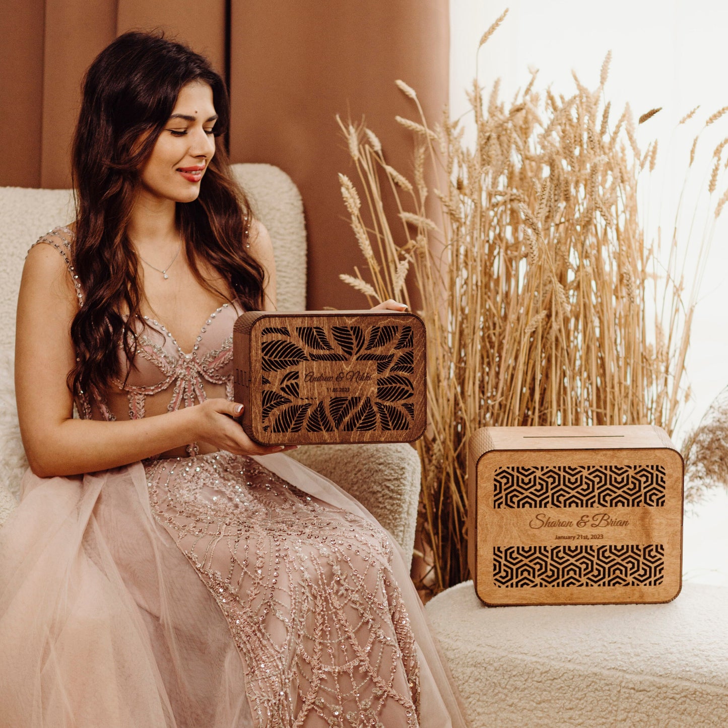 Personalized Wooden Wedding Card Box: Engraved Modern Rustic Reception Decor