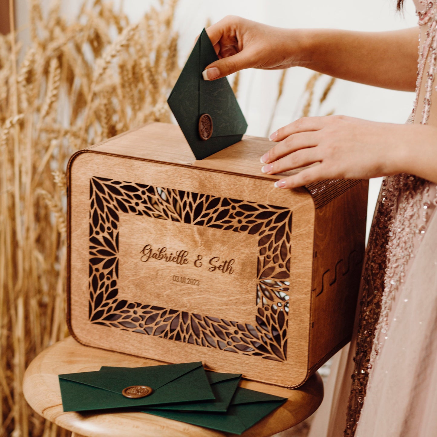 Personalized Wooden Wedding Card Box: Engraved Modern Rustic Reception Decor