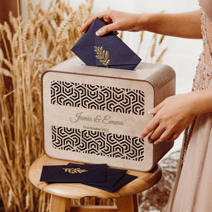 Personalized Wedding Card Box with Slot: Engraved Wood Money Box