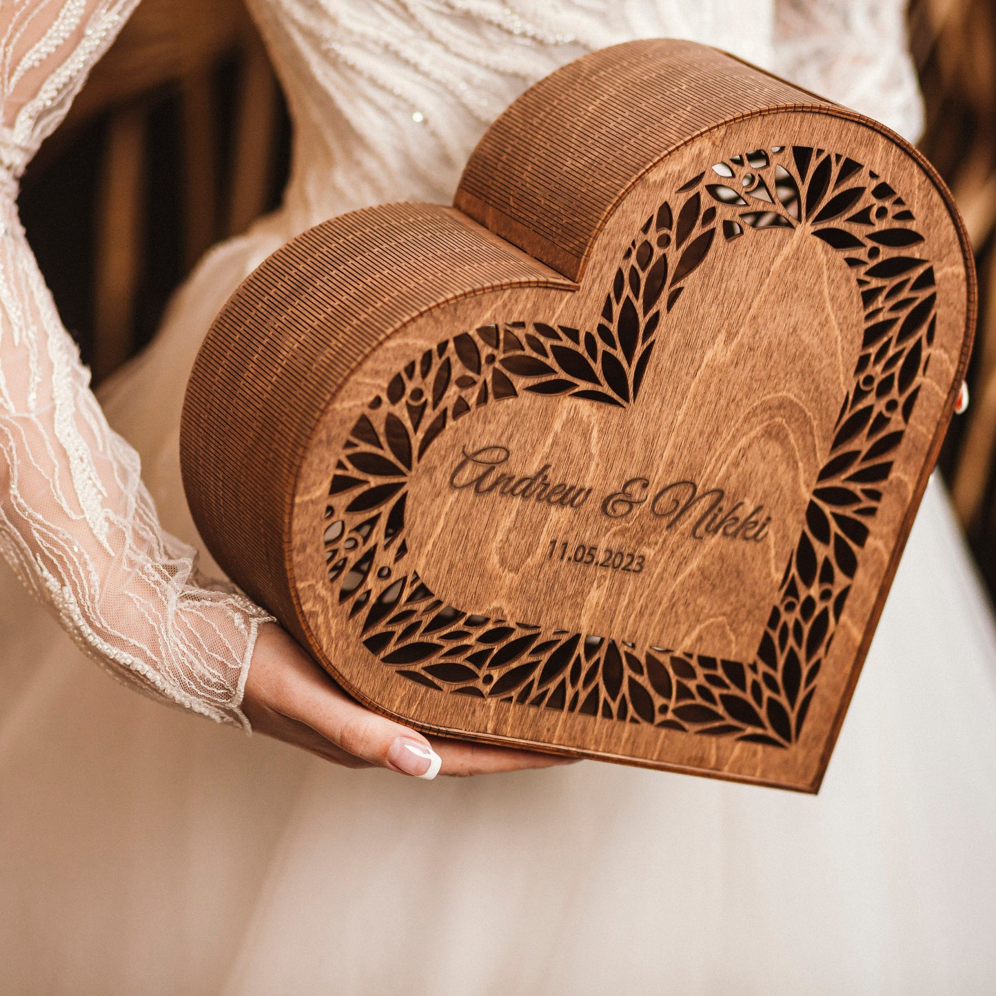 Personalized Heart Wedding Card Box: Rustic Wooden Gift