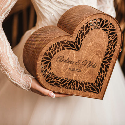 Personalized Heart Wedding Card Box: Rustic Wooden Gift