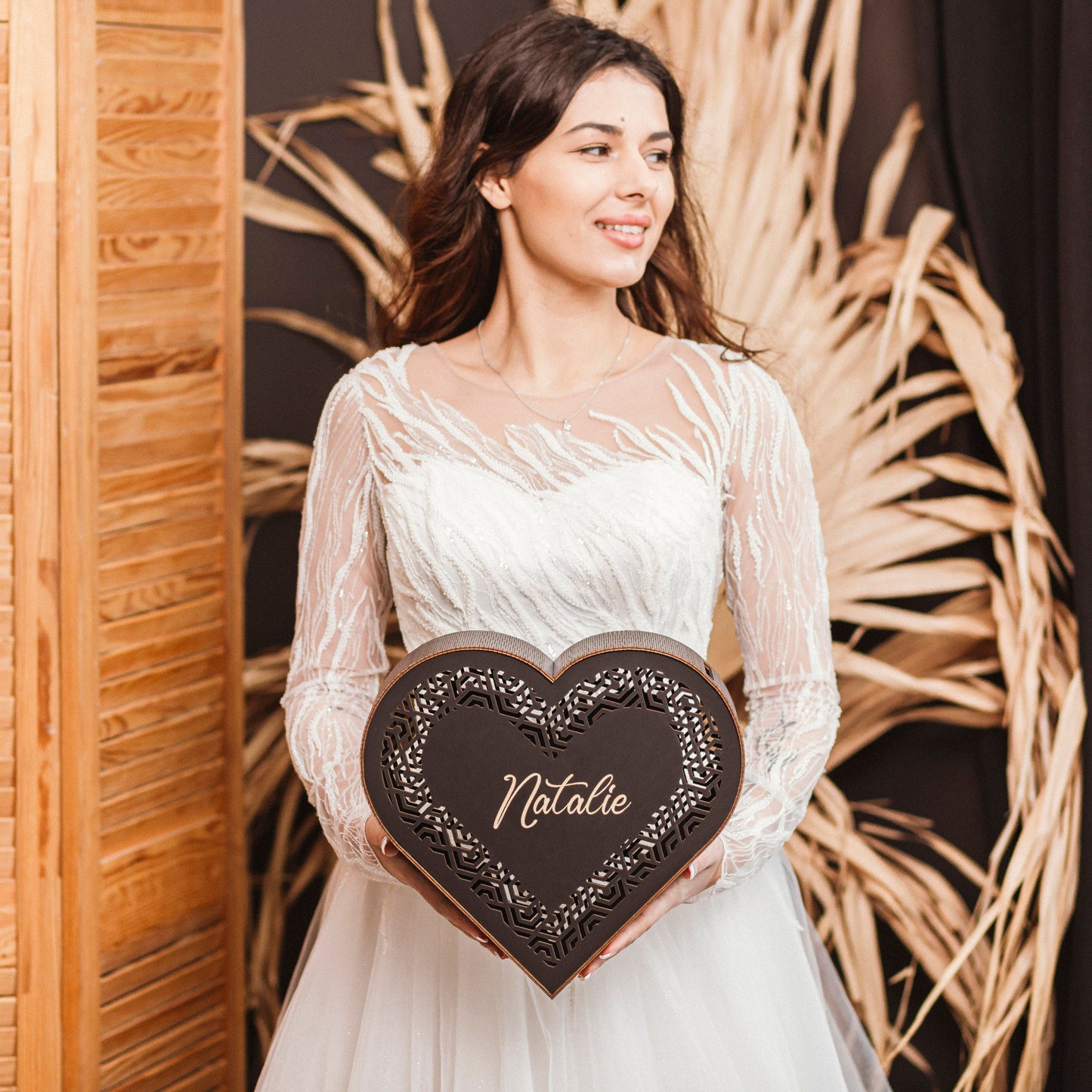 Personalized Heart Wedding Card Box: Rustic Wooden Gift