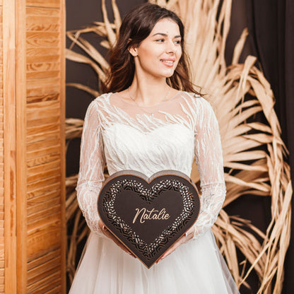 Personalized Heart Wedding Card Box: Rustic Wooden Gift