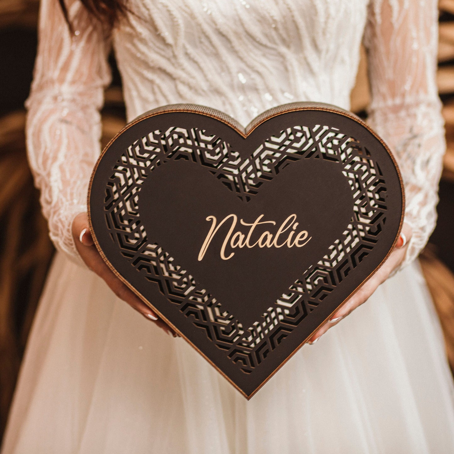 Personalized Heart Wedding Card Box: Rustic Wooden Gift