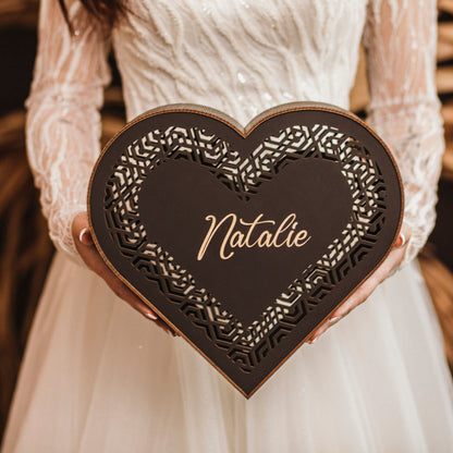 Personalized Heart Wedding Card Box: Rustic Wooden Gift