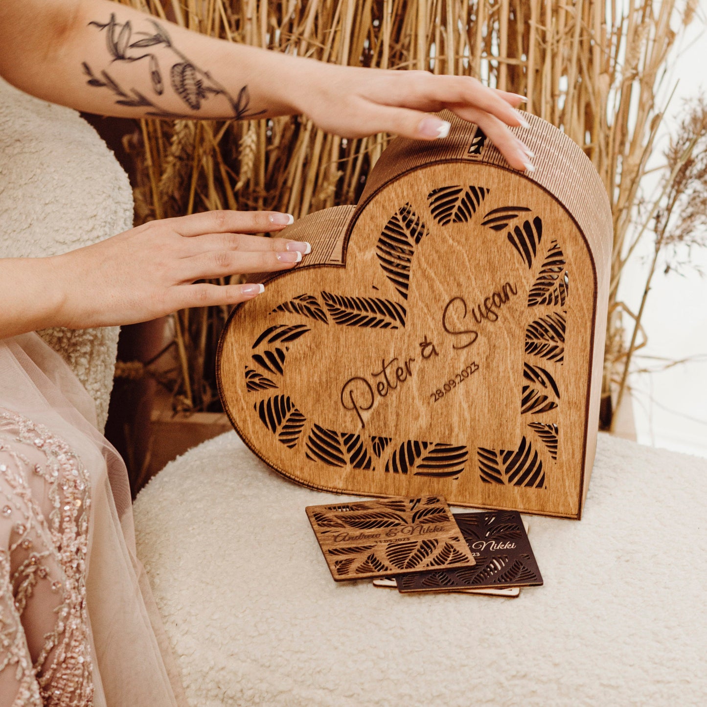 Rustic Heart Wedding Card Box: Engraved Wooden Keepsake
