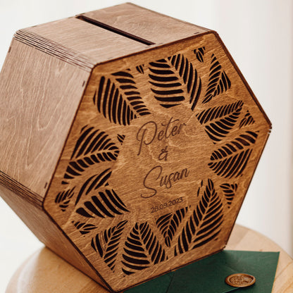 Rustic Wedding Card Box: Engraved Wooden Keepsake, Personalized Custom Engagement Gift for Couple