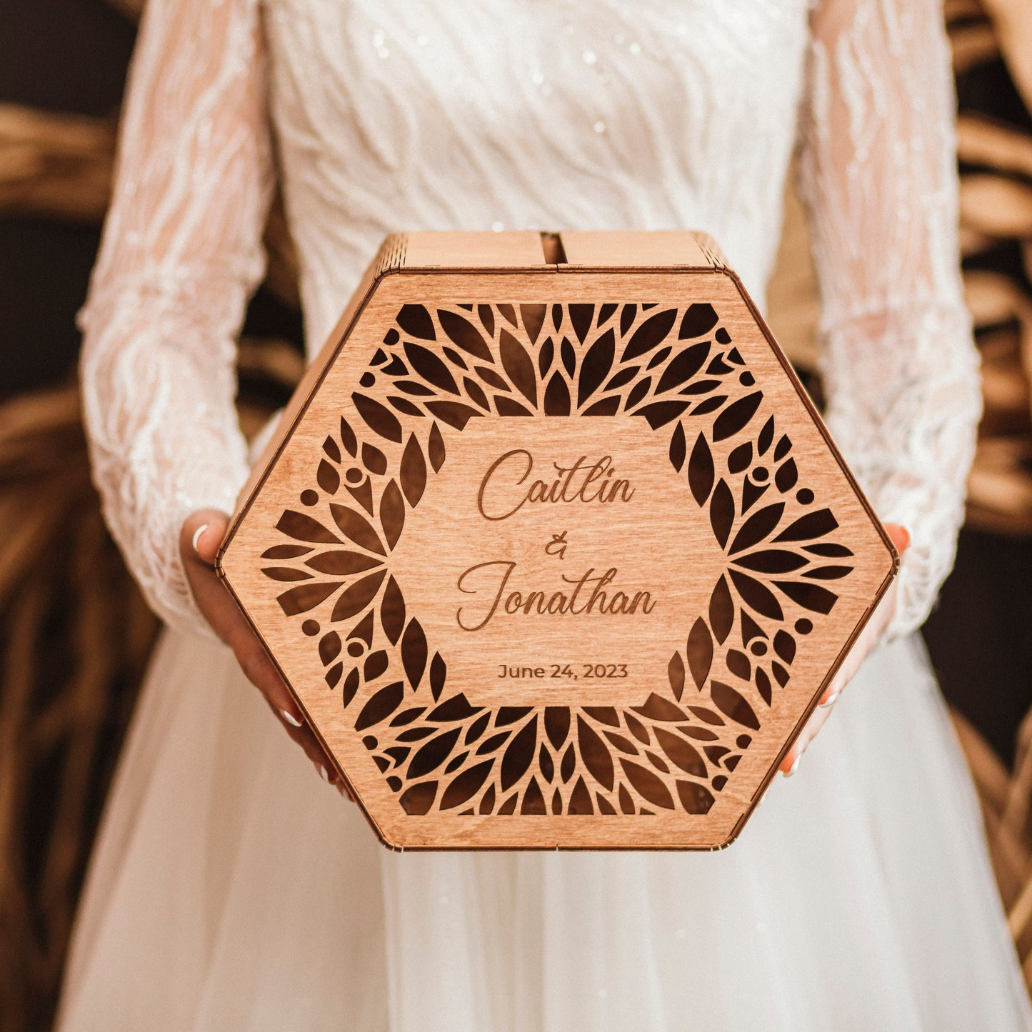 Rustic Wedding Card Box: Engraved Wooden Keepsake, Personalized Custom Engagement Gift for Couple
