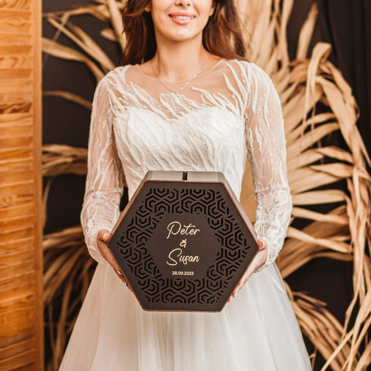 Personalized Wooden Wedding Card Box: Rustic Leaf Design