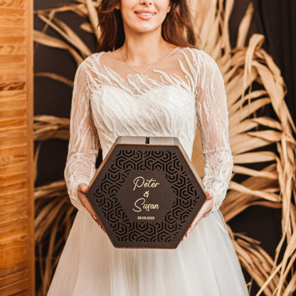 Personalized Wooden Wedding Card Box: Rustic Leaf Design