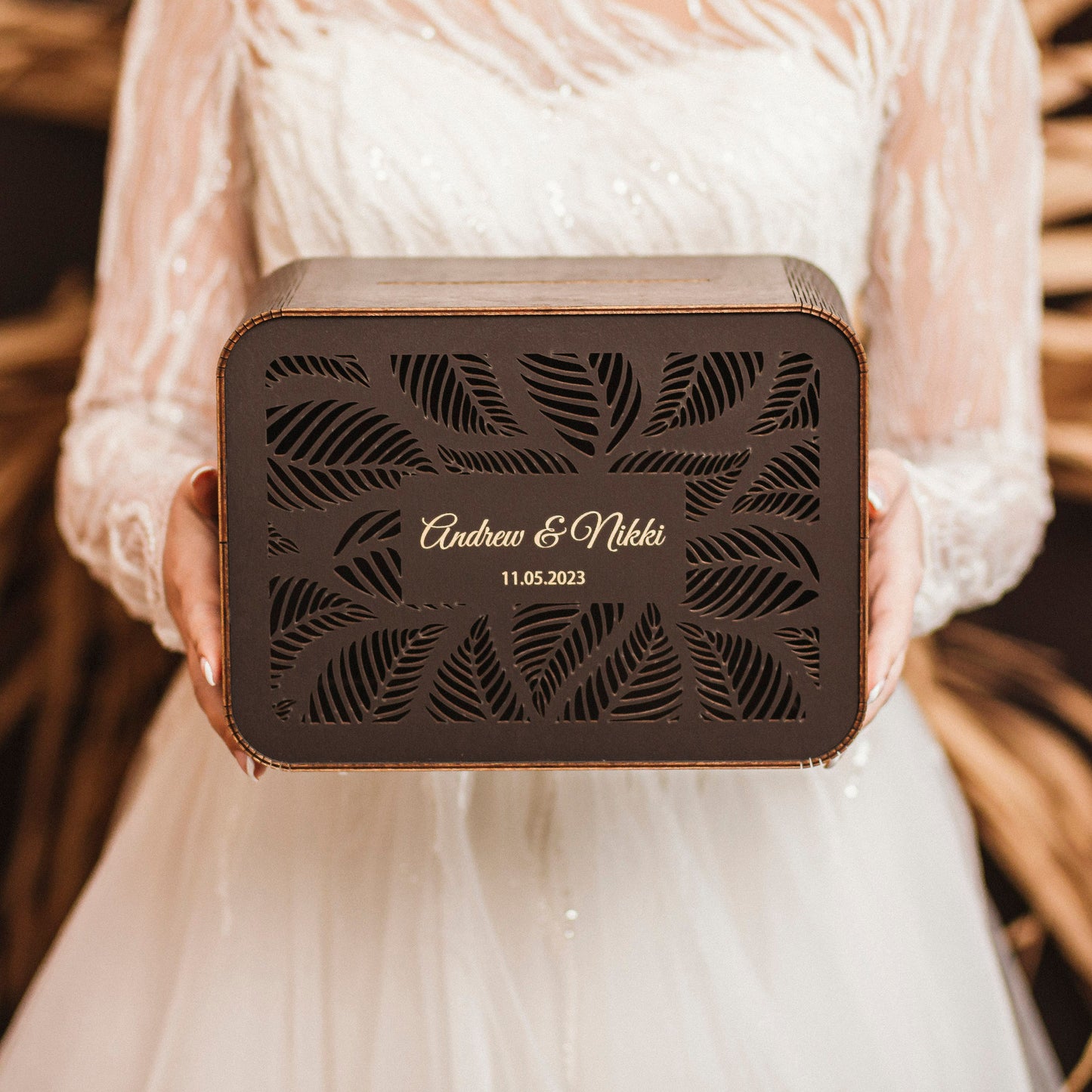 Personalized Wooden Wedding Card Box with Slot: Rustic Decor