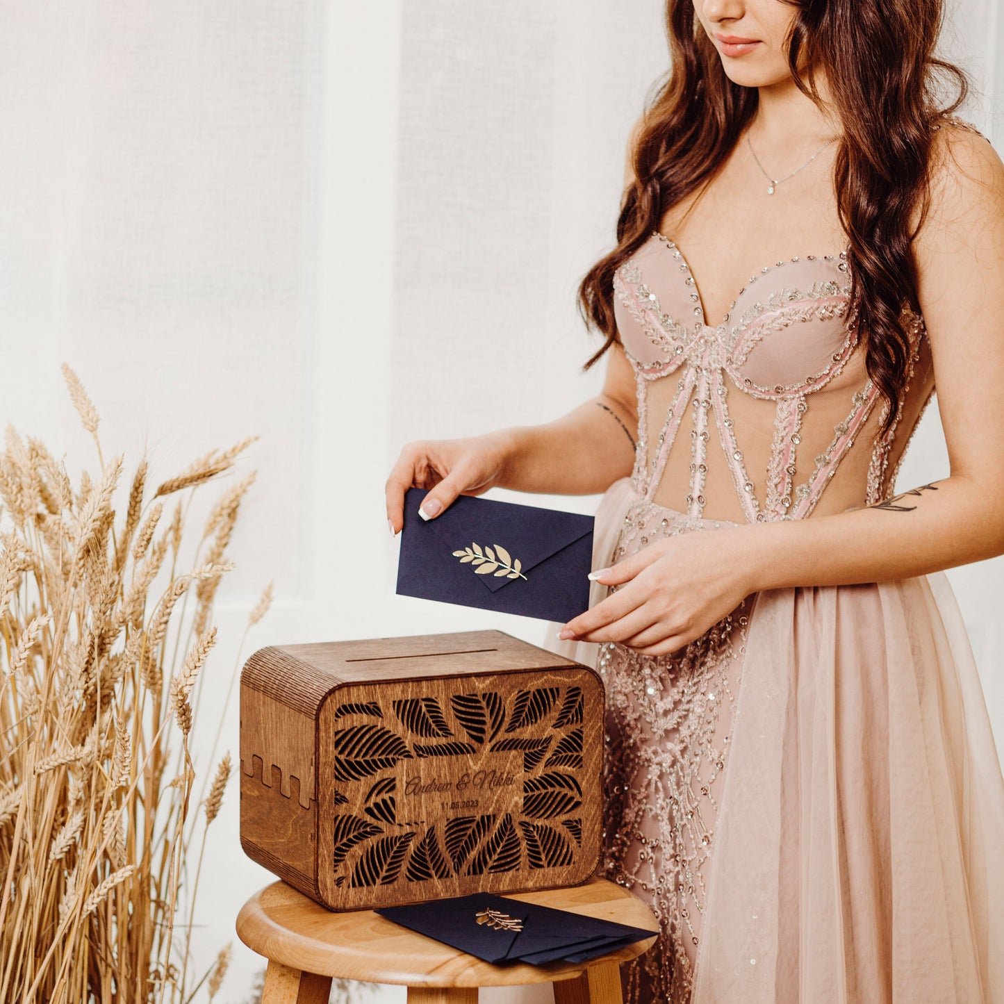 Personalized Wedding Card Box with Slot: Engraved Wood Money Box