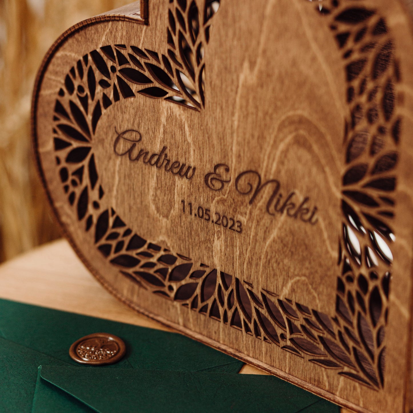 Personalized Heart Wedding Card Box: Rustic Wooden Gift