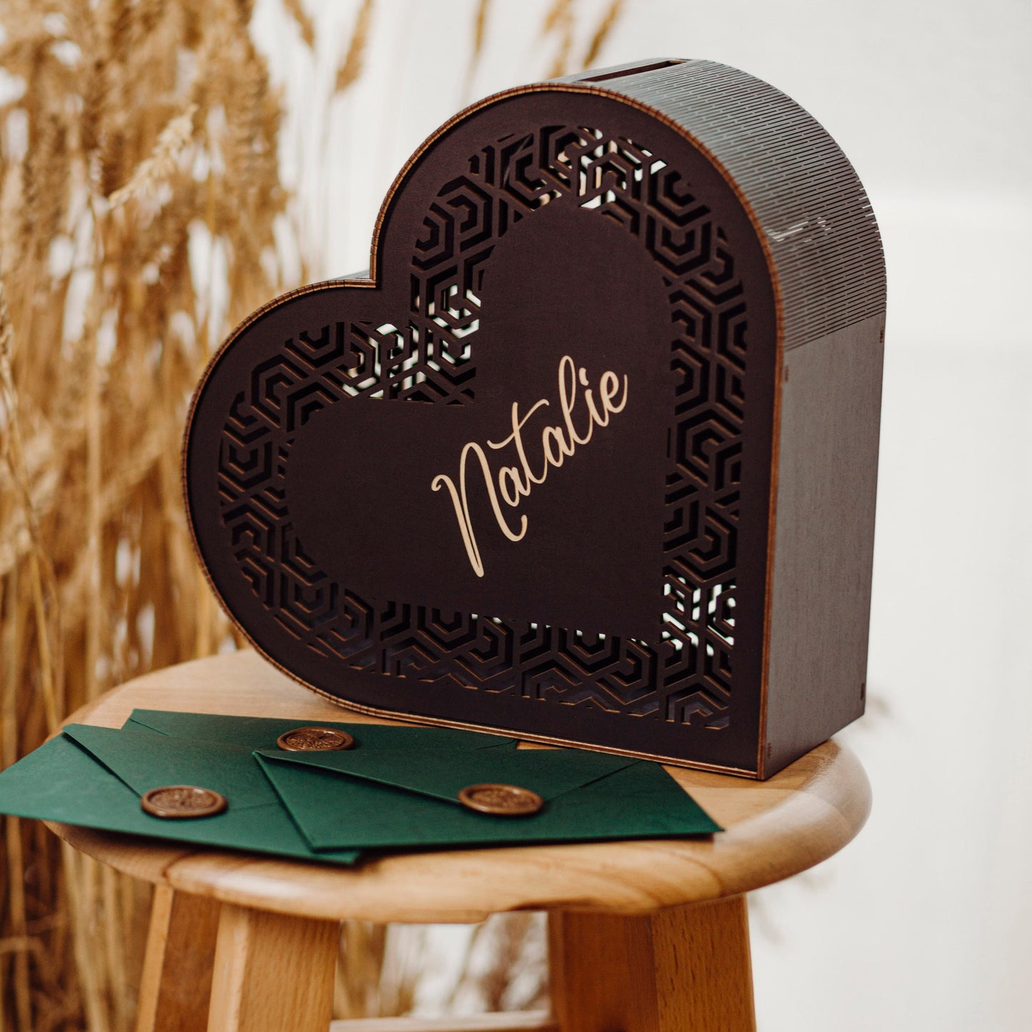 Rustic Heart Wedding Card Box: Engraved Wooden Keepsake