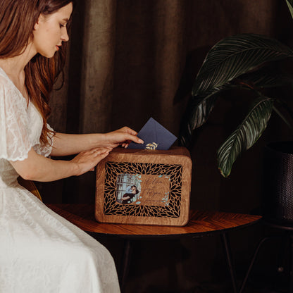 Personalized Wedding Card Box with Photo: Farmhouse & Barn Ceremony Gift, Custom Wooden Anniversary Keepsake