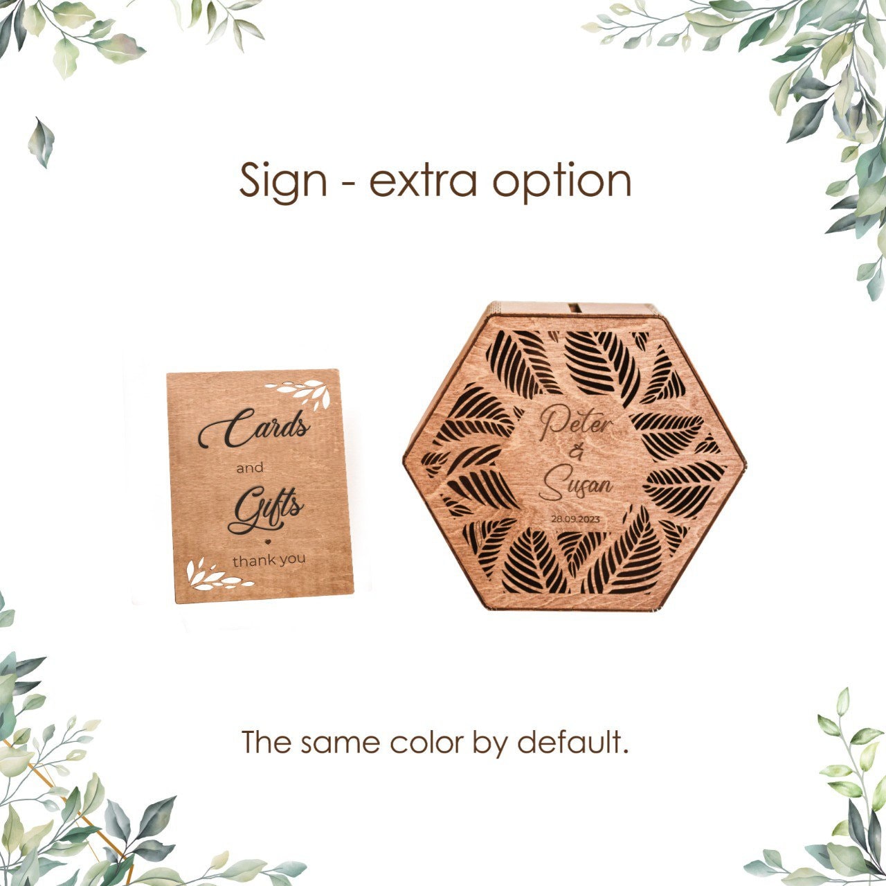 Personalized Wooden Wedding Card Box: Rustic Leaf Design