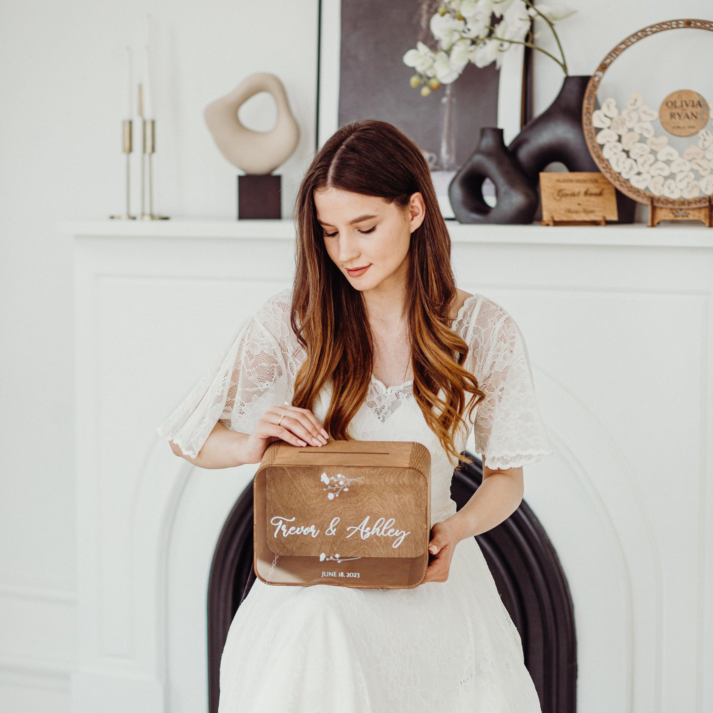 Personalized Wedding Card Box with Slot: Clear Acrylic Glass & Wood, Modern Decor