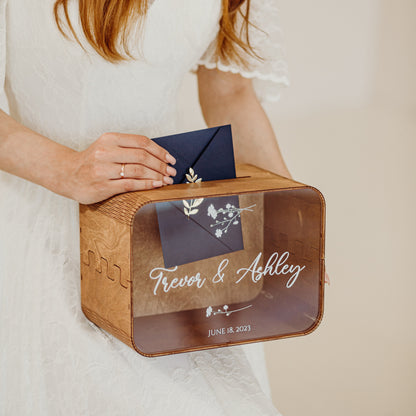Personalized Wedding Card Box with Slot: Clear Acrylic Glass & Wood, Modern Decor