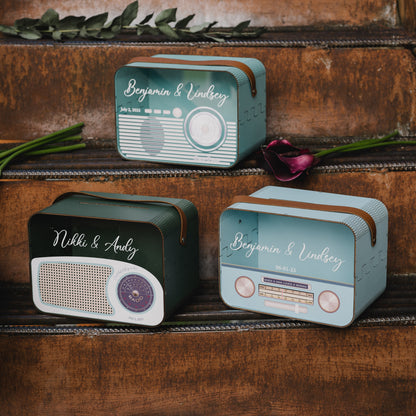 Retro Radio Card Box: Blue Wedding Money Box with Leather Strap