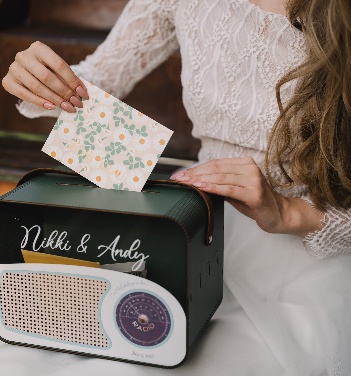 Retro Radio Card Box: Blue Wedding Money Box with Leather Strap