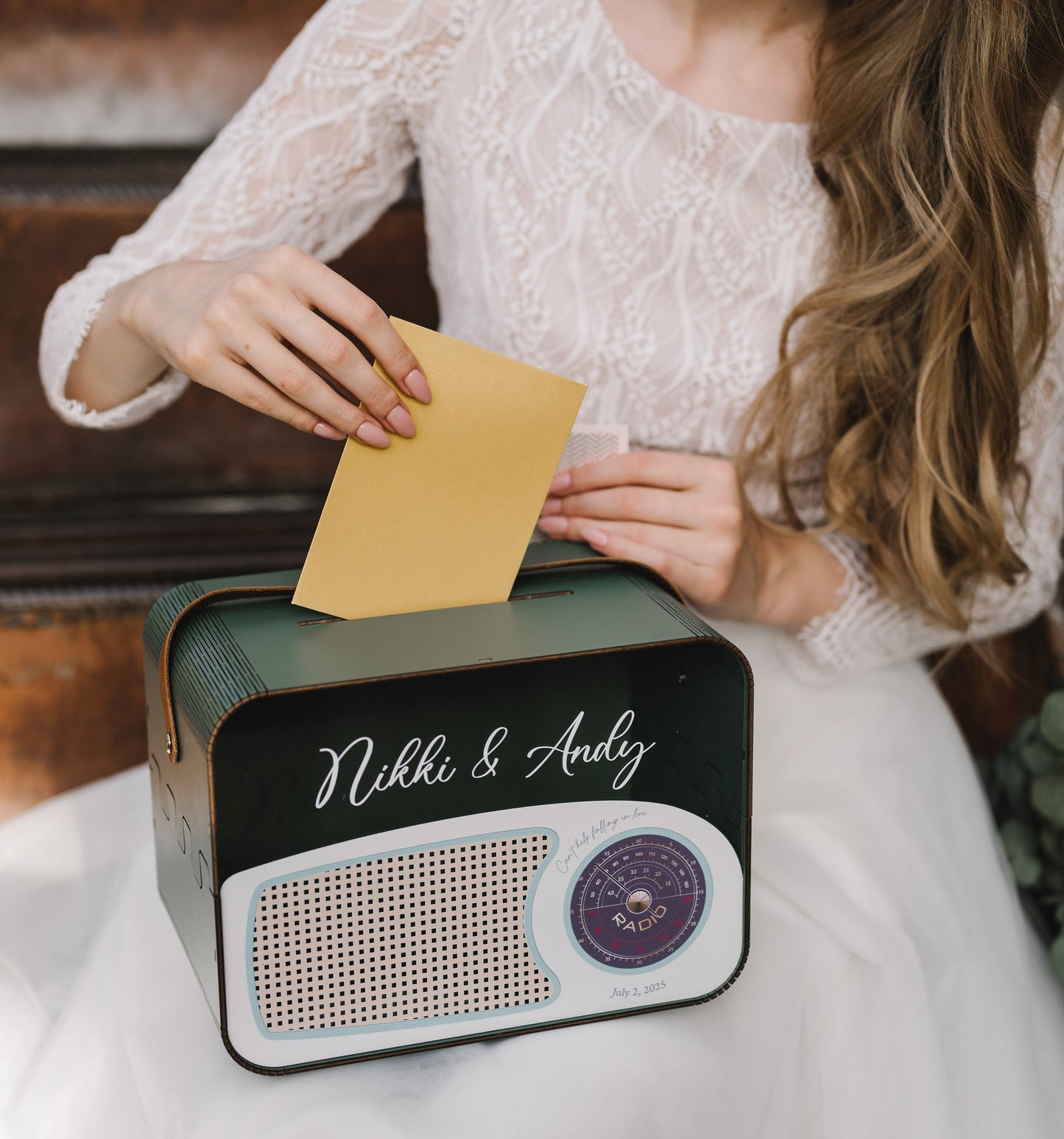 Retro Radio Card Box: Blue Wedding Money Box with Leather Strap