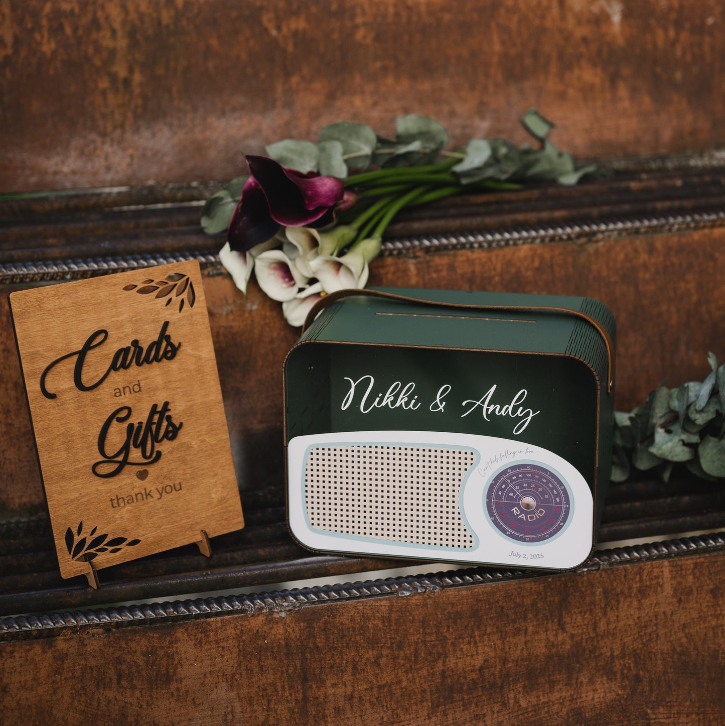 Retro Radio Card Box: Blue Wedding Money Box with Leather Strap