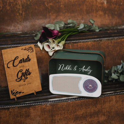 Retro Radio Card Box: Blue Wedding Money Box with Leather Strap