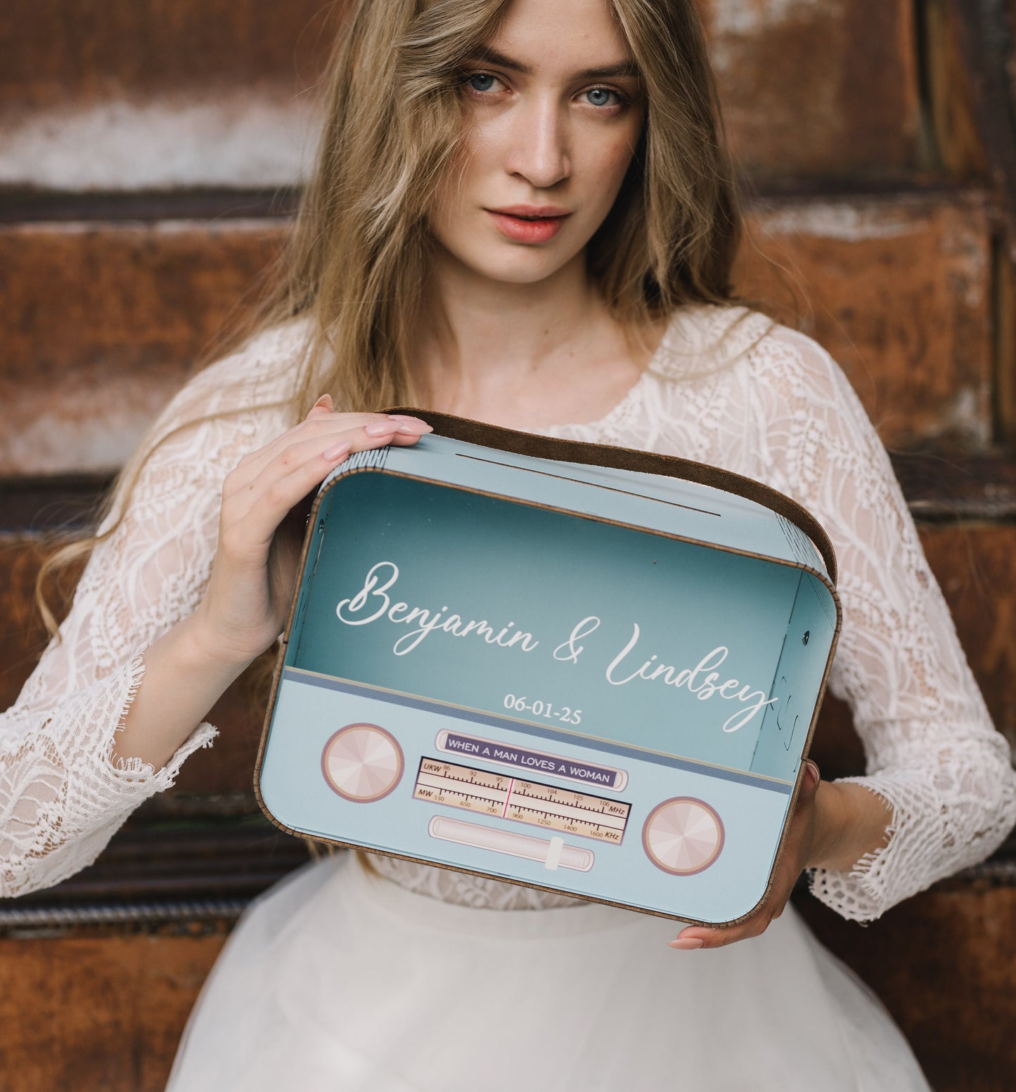 Retro Radio Card Box: Blue Wedding Money Box with Leather Strap