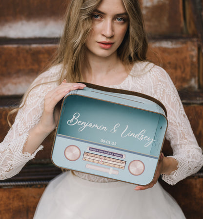 Retro Radio Card Box: Blue Wedding Money Box with Leather Strap