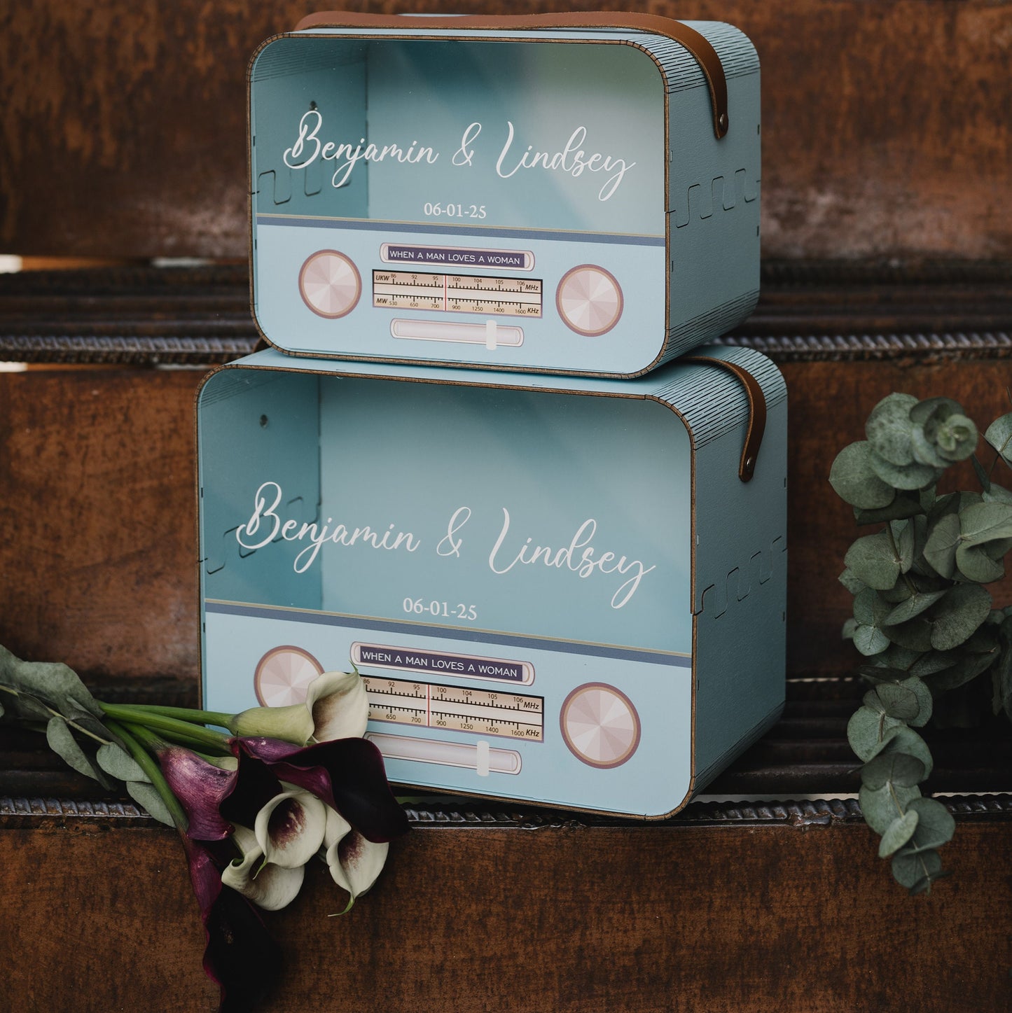 Retro Radio Card Box: Blue Wedding Money Box with Leather Strap