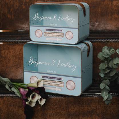 Retro Radio Card Box: Blue Wedding Money Box with Leather Strap