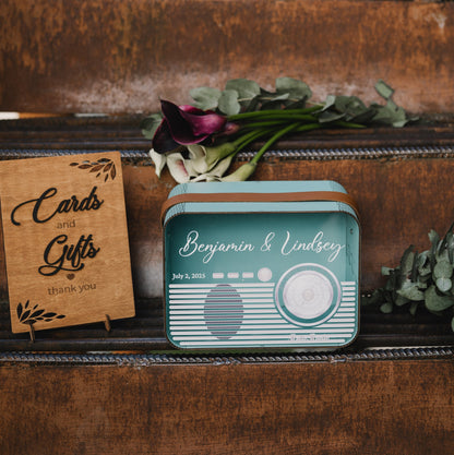 Retro Radio Card Box: Blue Wedding Money Box with Leather Strap