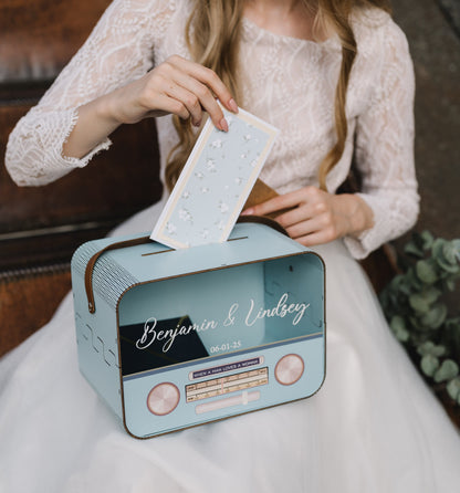 Retro Radio Card Box: Blue Wedding Money Box with Leather Strap