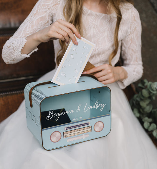 Retro Radio Card Box: Blue Wedding Money Box with Leather Strap